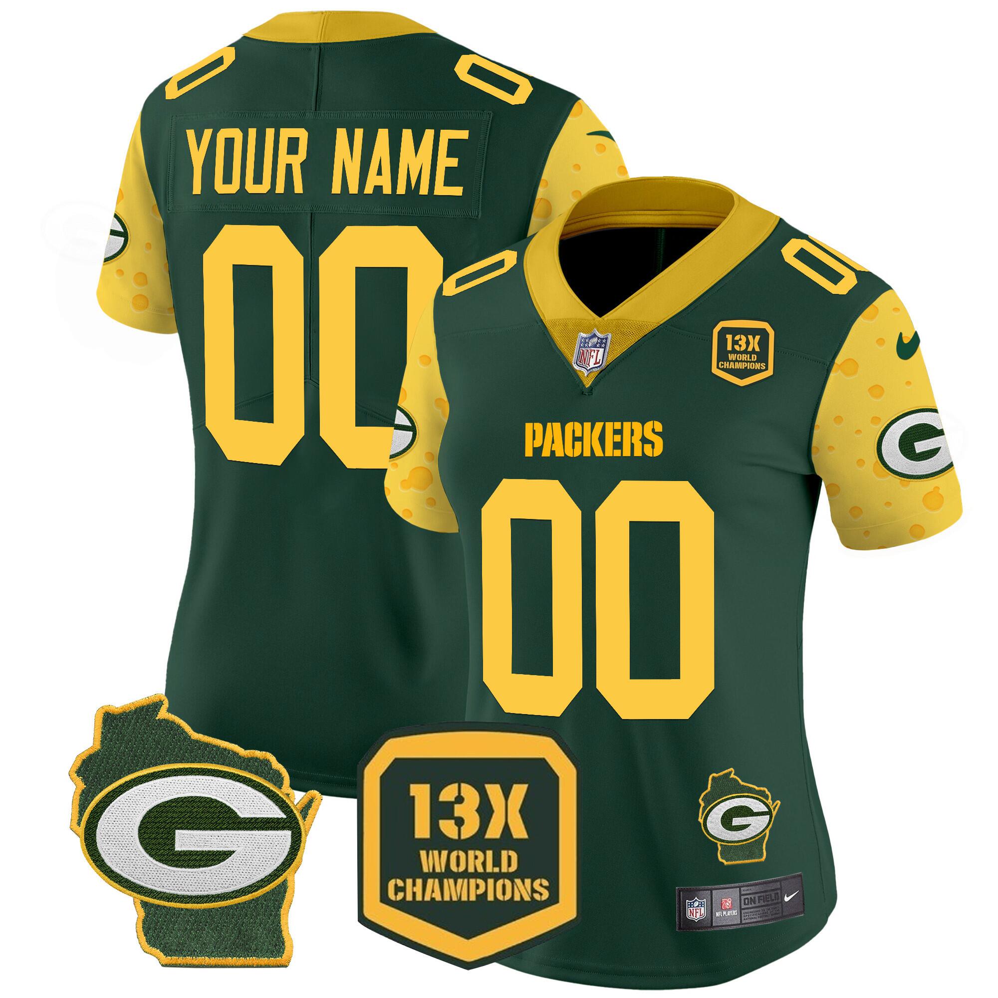 Women's Green Bay Packers ACTIVE PLAYER Custom Cheese Green 2024 F.U.S.E. Home Patch 13 Time World Champions Vapor Untouchable Limited Stitched Football Jersey(Run Small)